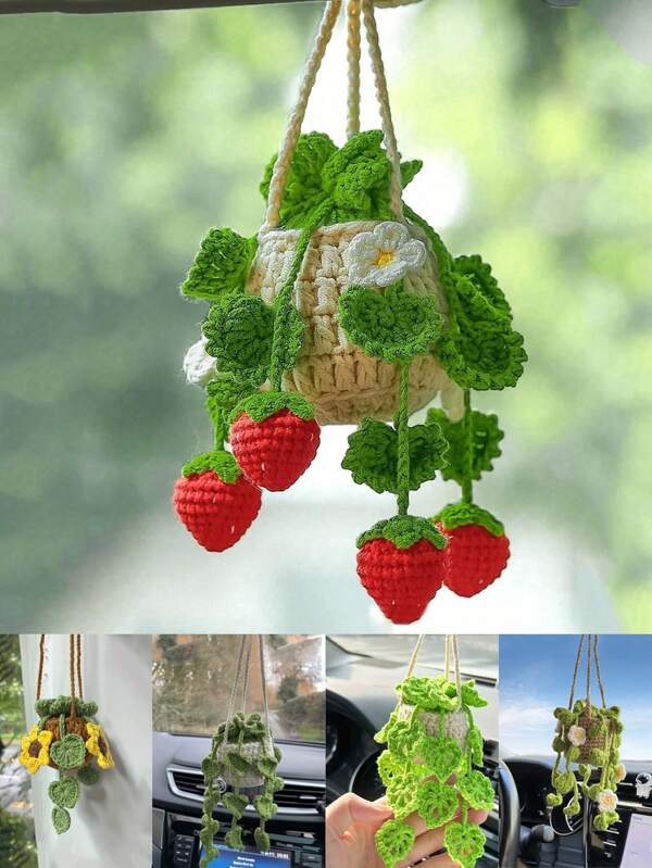 1pc Home Decorative Fabric Hanging Basket Strawberry & Sunflower Plant Hanging Basket Woven Finished Product Car Plant Pendant Car Rearview Mirror Decoration,Home Decor ,Room Decor,Wall Decor Gifts Birthday Graduation