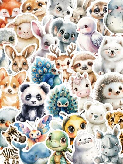 50 Stück süße wasserfeste PVC Aufkleber mit Tierwasserfarben Cartoon Dekoration Geschenke für Laptop, Wasserflaschen, Computer, Handy, Gitarre, Skateboard DIY Dekoration.