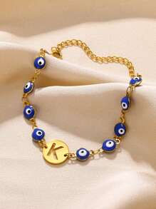 1PC Lucky Blue Evil Eye Letters Bracelets For Women Girl Gold Color Stainless Steel Hollow Initials Round Bracelet Women Amulet Aesthetic Jewelry Gift