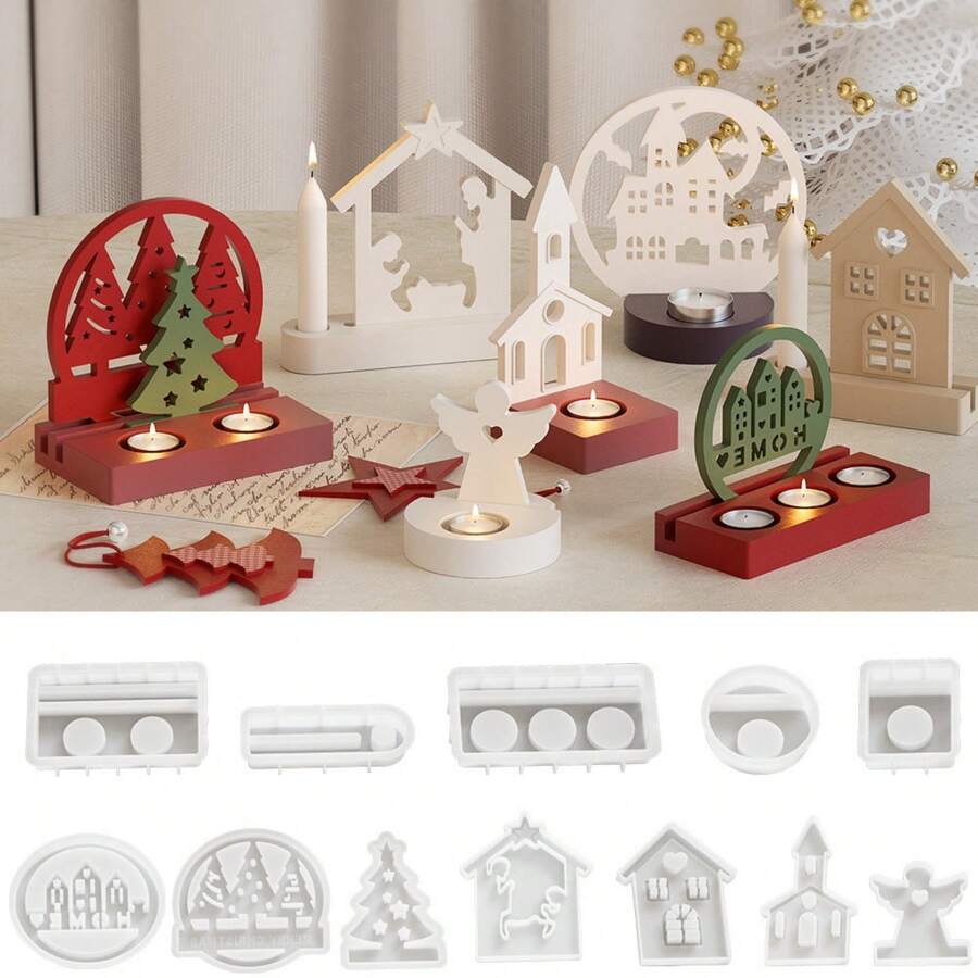 1 pieza Molde de silicona para velas con 1 orificio, 2 orificios o 3 orificios con diseños de castillo, ángel y árbol de Navidad para manualidades con yeso, decoraciones navideñas y regalos hechos a mano