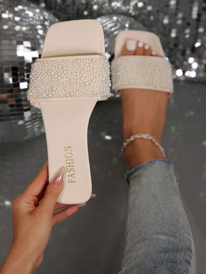 Moda Quadrato Punta Perle Scivoli Piane, Pantofole Casuali Da Spiaggia Per Le Donne, Suole Morbide E Comode, Adatte Per L'ufficio, Con Abbellimenti Laser E Strass, Di Alta Qualità.