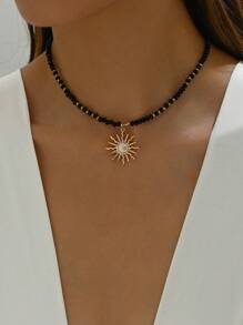 1pc Creative Design Rice Beaded Sun Moon Star Shaped Pendant Women's Necklace - Black - View 2