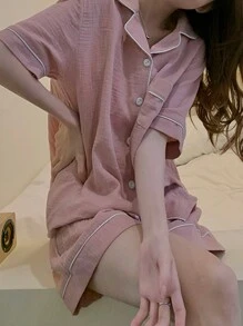 2pcs Women's Loose-Fit Short Top And Shorts Pajama Set, Suitable For Home Use,Two Piece Set, Vacation