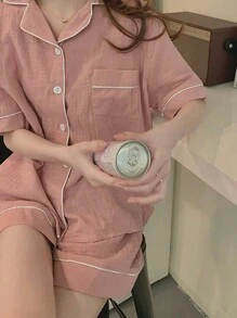 2pcs Women's Loose-Fit Short Top And Shorts Pajama Set, Suitable For Home Use,Two Piece Set, Vacation