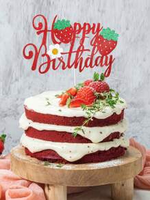 草莓生日快樂蛋糕裝飾頂，閃粉花朵水果主題生日草莓蛋糕插旗裝飾，適用於草莓主題生日派對蛋糕裝飾用品 - 紅色 - 查看 2