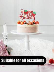 草莓生日快樂蛋糕裝飾頂，閃粉花朵水果主題生日草莓蛋糕插旗裝飾，適用於草莓主題生日派對蛋糕裝飾用品 - 紅色 - 查看 4