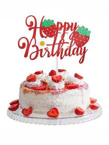 草莓生日快樂蛋糕裝飾頂，閃粉花朵水果主題生日草莓蛋糕插旗裝飾，適用於草莓主題生日派對蛋糕裝飾用品 - 紅色 - 查看 5