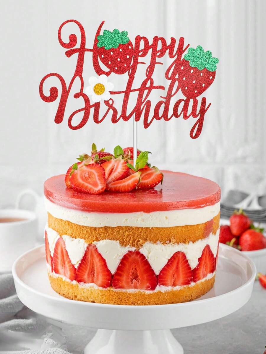 草莓生日快樂蛋糕裝飾頂，閃粉花朵水果主題生日草莓蛋糕插旗裝飾，適用於草莓主題生日派對蛋糕裝飾用品 - 紅色 - 查看 1