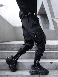 Men's Black Paratrooper Multi Pockets Pants Techwear Streetwear Polyester Blend Strapped Joggers - 黑色 - 查看 4
