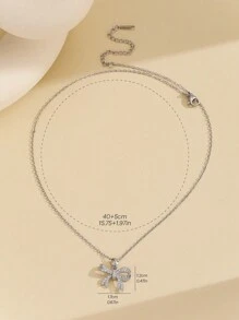 1 件时尚新款镀银不锈钢水钻蝴蝶结吊坠项链精致珠宝适合女士和女孩情人节 - 銀色 - 查看 5