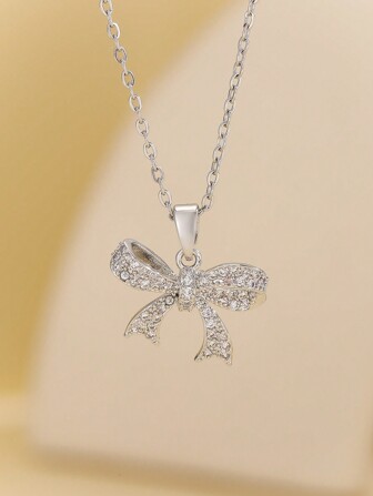 1pc Fashion New Ins Style Silver Plated Stainless Steel Rhinestone Bow Pendant Necklace Exquisite Jewelry For Women And Girls Valentines
