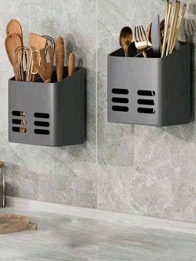 1pc Wall-Mounted Storage Rack With Drain Basket, Suitable For Tableware, Cutlery, Combs, Makeup, Remote Control, Eyebrow Pencil, Pens, Brushes, Razors;Applicable In Kitchen, Bathroom, Toilet, Dressing Table, Living Room.