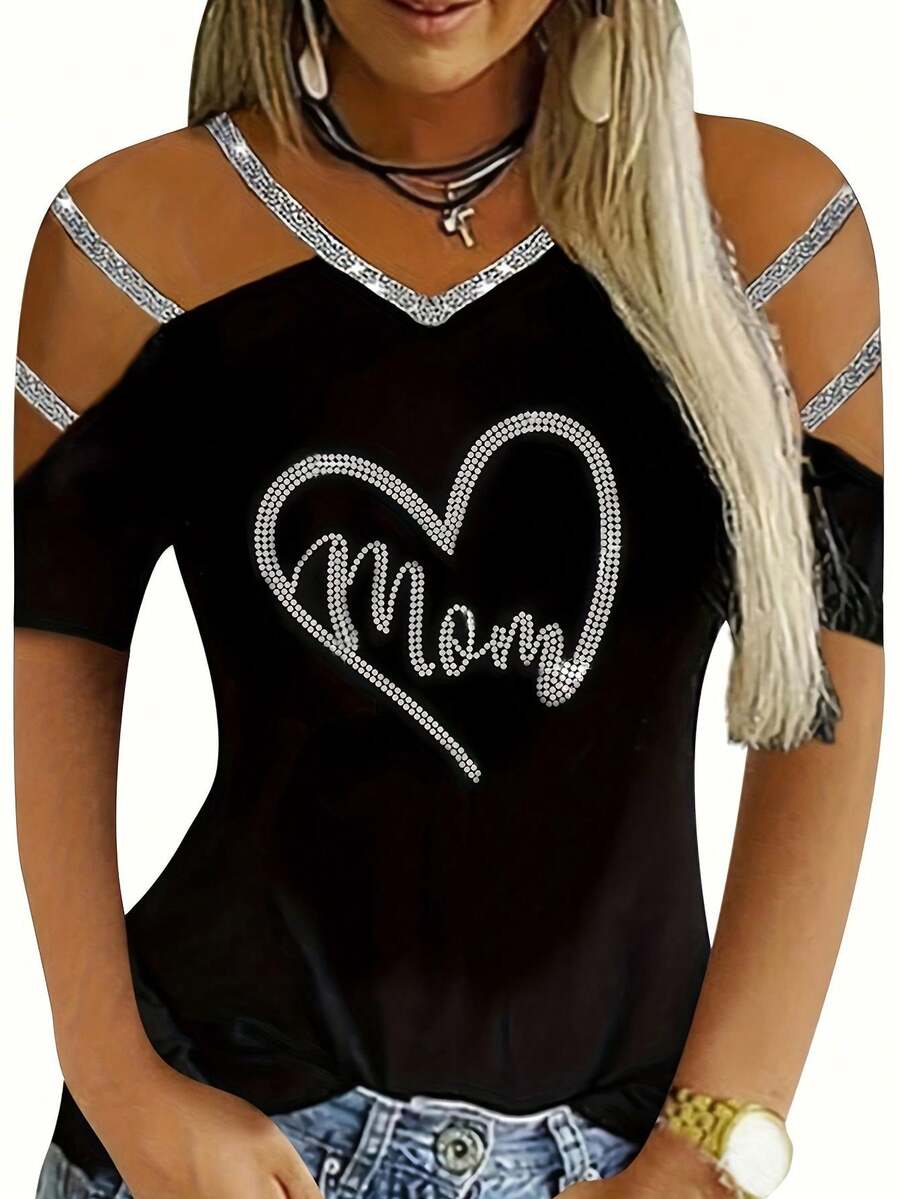 Plus Size Women's Sexy Open Shoulder T-Shirt With Rhinestone And Woven Belt Decorated Heart Print - Black - View 1