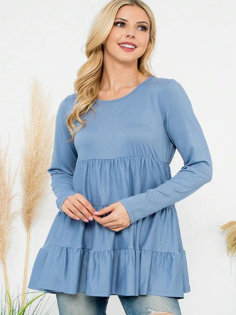 Solid Long Sleeve Tiered Top - Dusty Blue - View 1