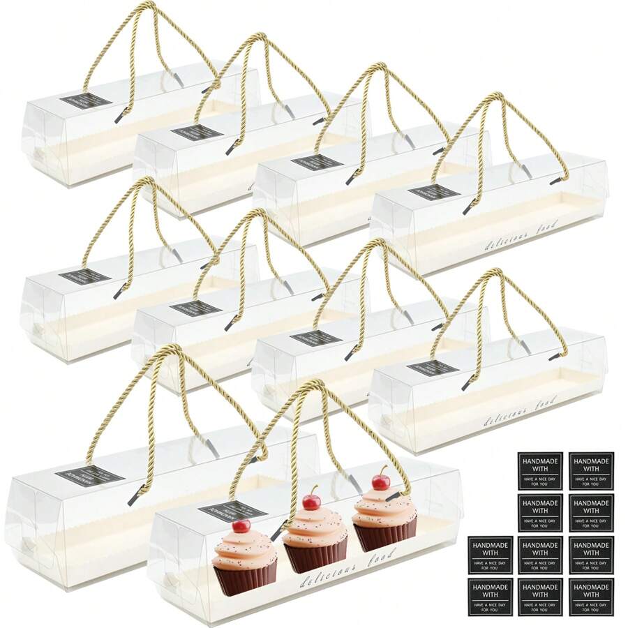 1 Set Of 10 Transparent Rectangle Cake Boxes: Includes Small Macaron Packaging Boxes And 10 Cake Box Stickers, Perfect For Bakery, Party Treats, And Cupcake Packaging - White - View 1