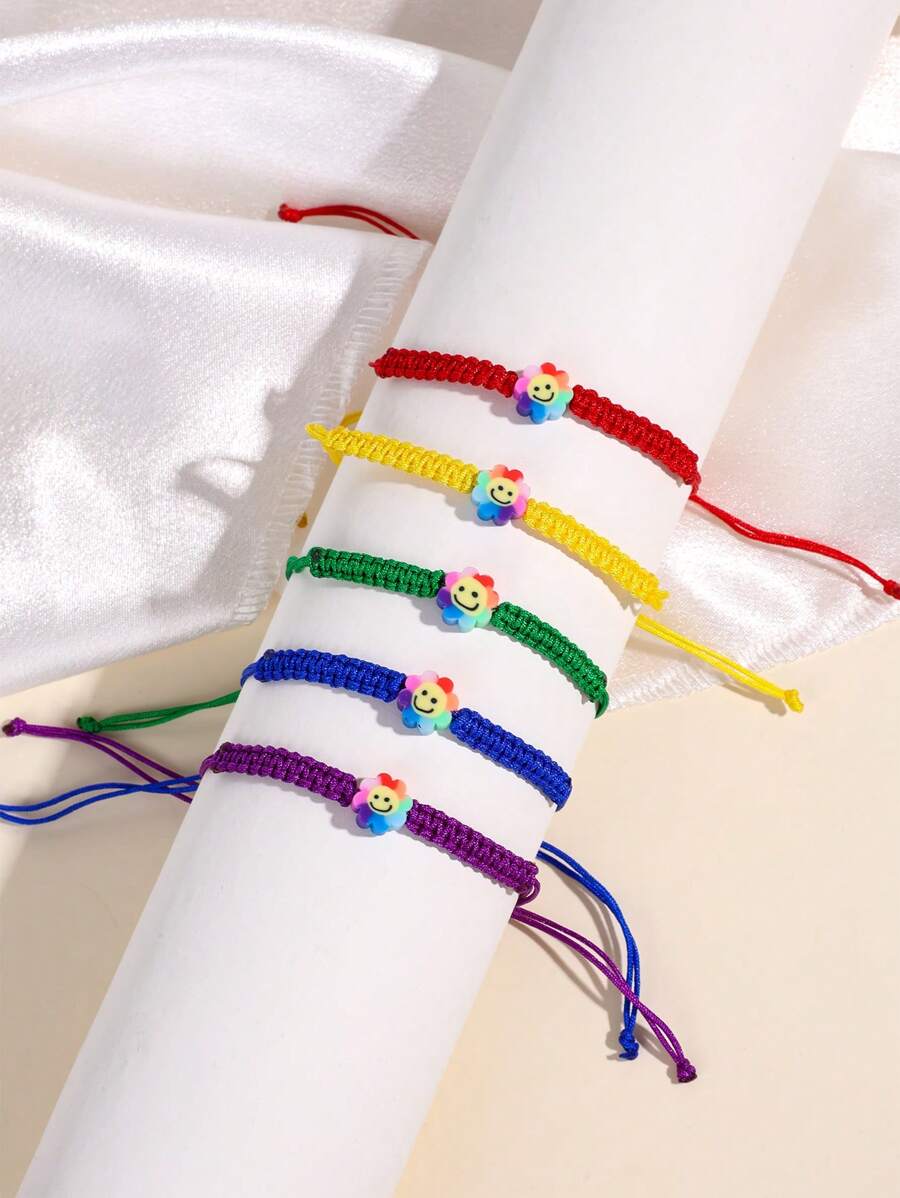 Conjunto de 5 pulseras con nudos planos de alfarería suave hechos a mano con cuerda decorada con flores solares, joyería para mujeres, niñas y regalos de fiesta para amigas - Multicolor - Ver 1