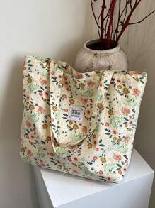 Cherry Print Simple Bucket Large Shoulder Tote Bag, Student Girl Shoulder School Bag, Heart Print Sweet Bag, Corduroy Tote Bag, Fashion All Season - Green - View 8