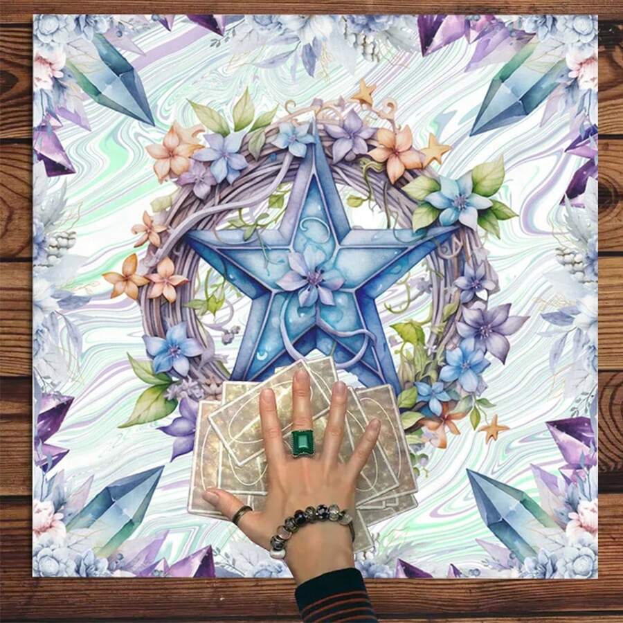 1pc Yule Tarot Cloth, Spring Watercolor Painting Year Wheel Altar Tablecloth, Pagan Pentagram Table Cover, Mystery Tarot Card  Divination Reading Cloth, Tarot Pad For Room Dorm Decoration
