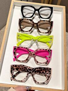 1 par de gafas con lentes transparentes con montura de estampado de leopardo en estilo cat-eye oversize Y2K para mujer, accesorios de gafas minimalistas transparentes de uso diario para mujeres - transparente - Ver 1