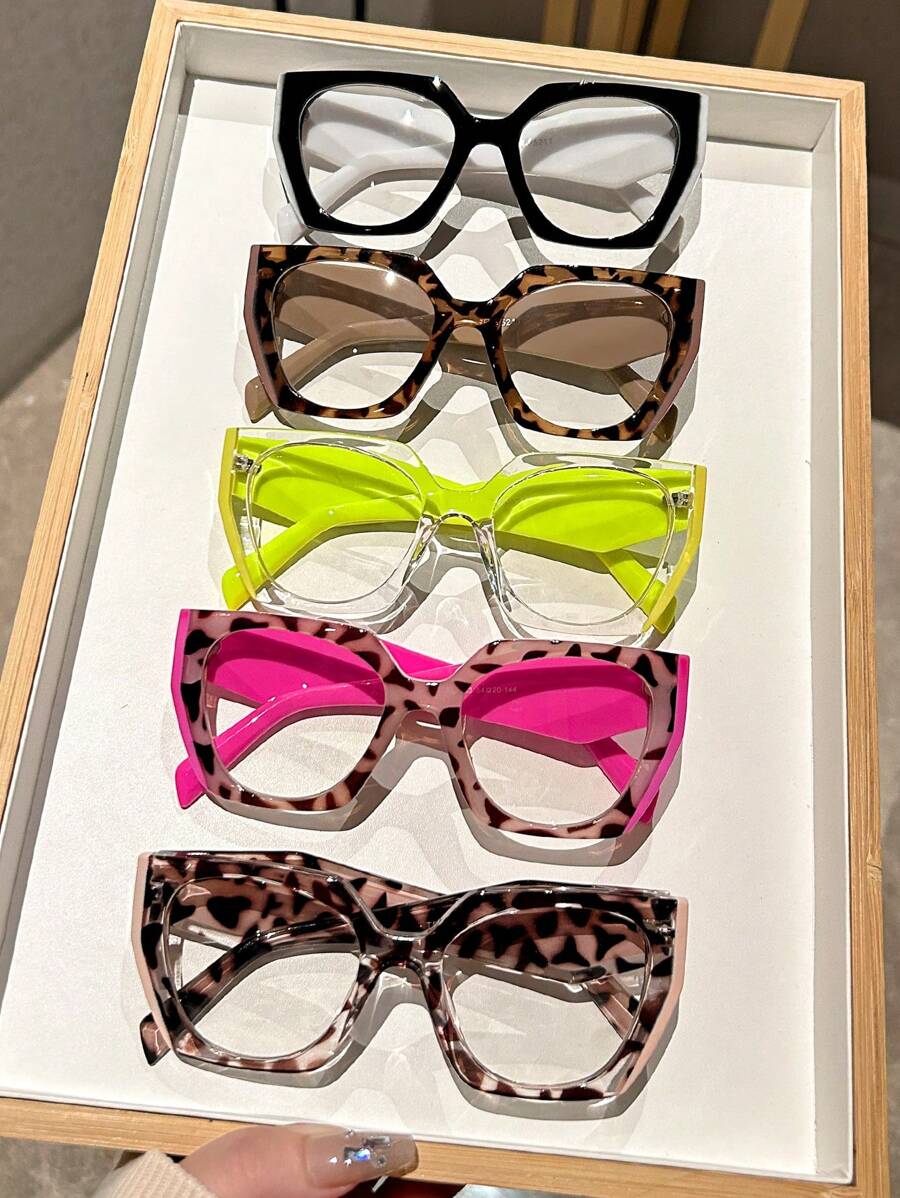 1 par de gafas con lentes transparentes con montura de estampado de leopardo en estilo cat-eye oversize Y2K para mujer, accesorios de gafas minimalistas transparentes de uso diario para mujeres - transparente - Ver 1
