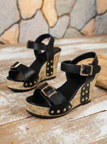 Thick-Soled Wedge Sandals For Women, New European And American Style, Fashionable Rivet Strap Roman Sandals For Women, Peep-Toe, Two-Tone Thick-Soled Sandals - Black - View 4