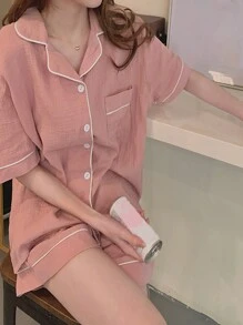 2pcs Women's Loose-Fit Short Top And Shorts Pajama Set, Suitable For Home Use,Two Piece Set, Vacation