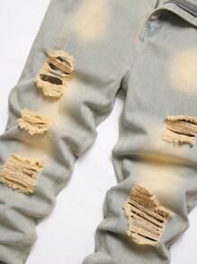 Men's Blue Distressed Denim Jeans, Emo Style - Blue - View 3