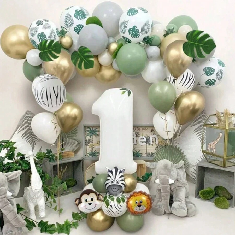 Kit arco de decoração de festa de aniversário infantil com tema zoológico de animais selvagens na selva de 53 peças para primeiro aniversário, incluindo balões - Verde - Visão 1