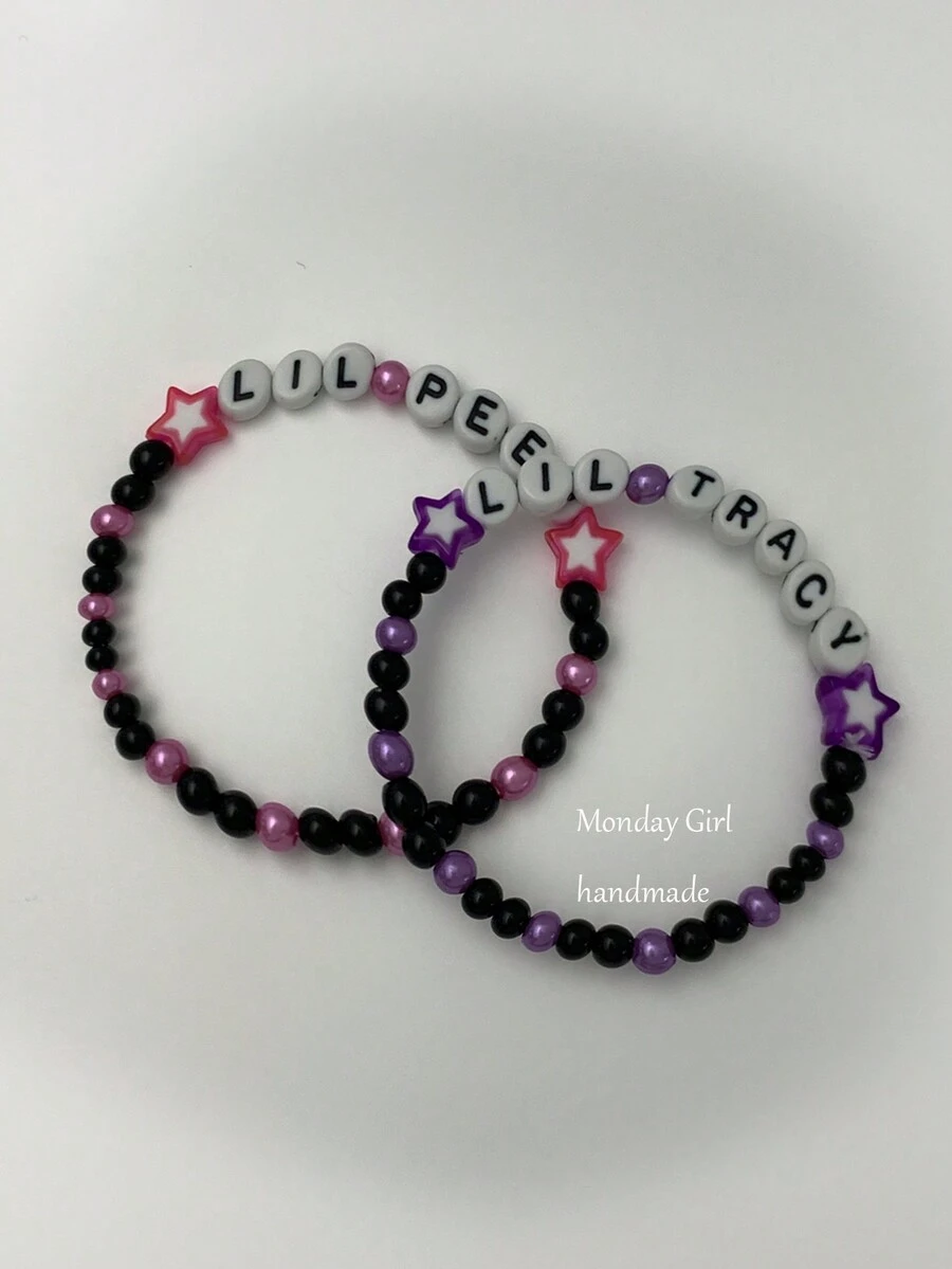 2pcs Sweet & Cool Fashionable Metal & Acrylic Multi-Color Star & Carved Beads Bracelet, Unisex Couple Gift, Daily Wear - Nhiều màu - Xem 1