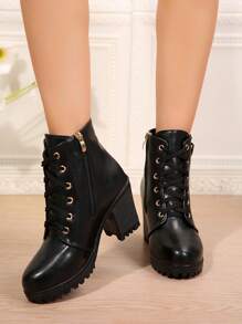 Giày bốt mùa đông cổ điển mới có khóa kéo bên hông dành cho nữ, giày bốt buộc dây màu trơn có gót cao siêu dày, mùa thu/đông - màu đen - Xem 4