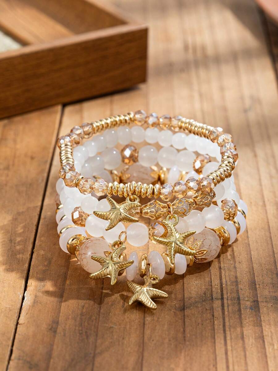 4pcs Bohemian Style Jewelry Set, Ocean Starfish Pendant Multi-Layer Beaded Bracelet For Daily Wear - Bohemia - View 1