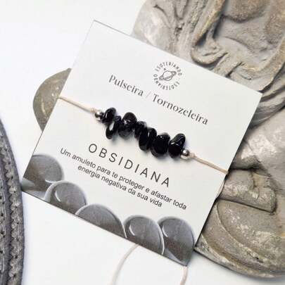 Pulseira / Tornozeleira de Pedra Obsidiana | Modelo Ajustável macramê  | Tornozeleira de praia |  proteção intensa