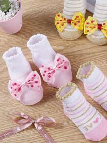 4 Pairs Multi-Color Cute Stripe, Letter, Bow Design Versatile Comfortable Baby Socks