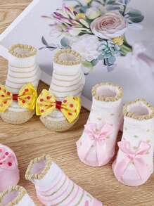 4 Pairs Multi-Color Cute Stripe, Letter, Bow Design Versatile Comfortable Baby Socks