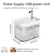 1pc 1.5L Pet Water Dispenser, Cat Water Dispenser, Automatic Filter Of Water Impurities, Silent Water Dispenser, Suitable For Small And Medium-Sized Cats And Dogs Automatic Drinking Water, USB Power Cord Without Adapter, Replacement Filter Can Be Purchased