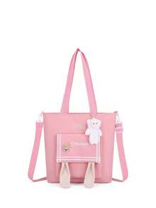 可愛的卡通兔耳帆布手提包，適用於女性、學生，大容量 - 粉色 - 查看 1