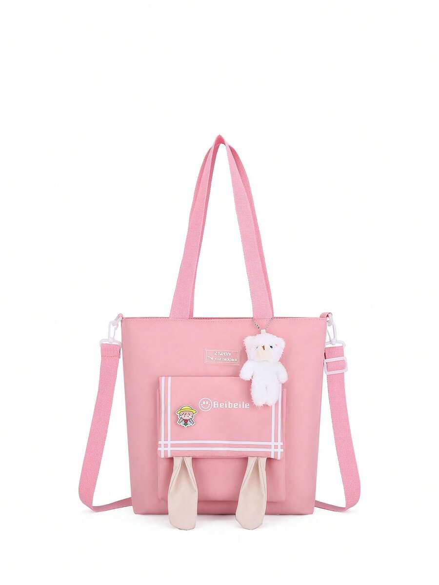 可愛的卡通兔耳帆布手提包，適用於女性、學生，大容量 - 粉色 - 查看 1