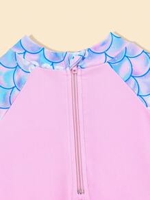 1 件女童圆领长袖拉链美人鱼鳞片印花泳衣 - 粉色 - 查看 3