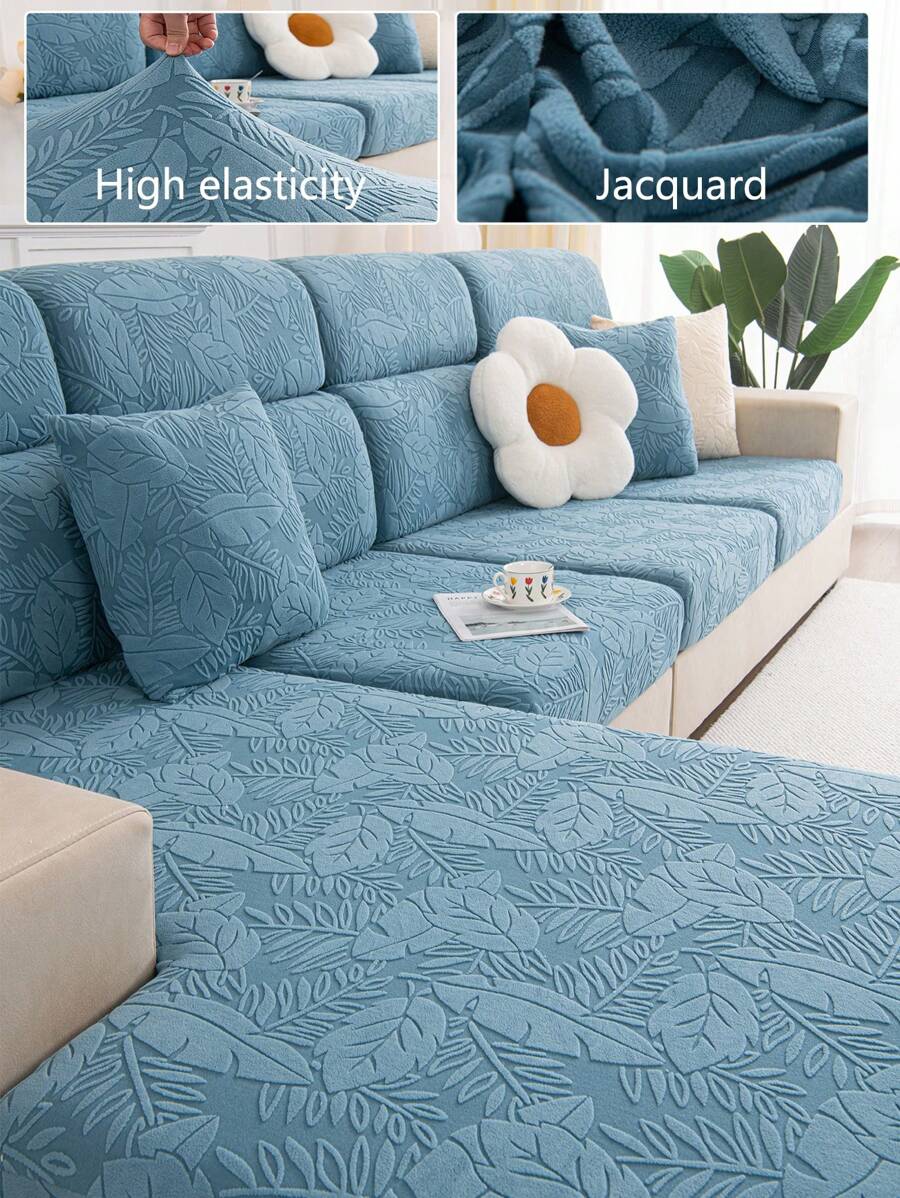 1pc Forest Leaves Jacquard Elastic Sofa Cover, All Seasons Simple Style, Anti-Dirt/Pet Scratching, Festival Decoration, Easy To Clean, Suitable For L-Shape Sofa