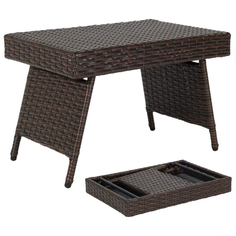 Patio Wicker Folding Coffee Table, Outdoor Wicker Side Table For Poolside, Backyard, Balcony, Garden - Brown - View 1