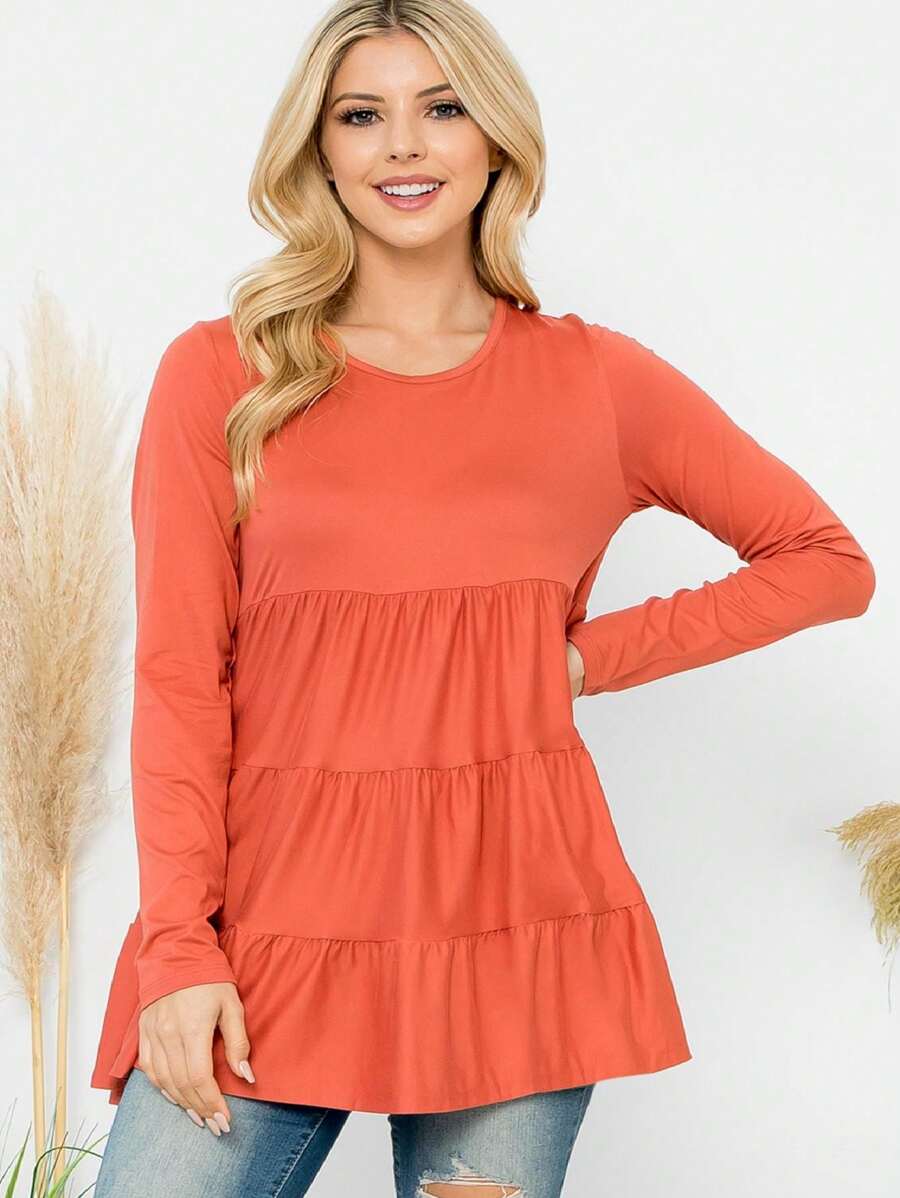 Solid Long Sleeve Tiered Top - TERRACOTA - View 1