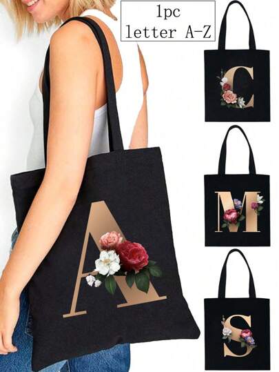 1pc Fashionable Casual Gold Letter Print Canvas Tote Bag/Shoulder Bag, Large Capacity Women's Shopping Bag, Foldable Reusable Travel Grocery Bag, Holiday Gift, Suitable For Students, Friends, Bridesmaids, Sisters, Mothers, Great For Back To School, Summer Vacation, Beach, Travel, Commute, Business, Students, Picnic, Camping, Supermarket, Daily Use