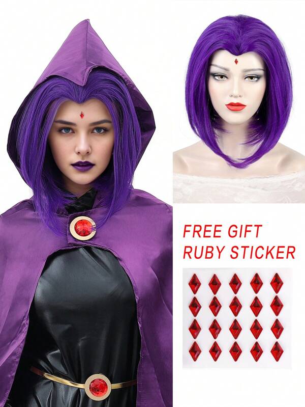 Purple Bob Wig With Ruby Sticker For Women's Superhero Raven Cosplay Middle Part Dark Purple Heat Resistant Synthetic Anime Wigs For Costume Party Halloween Or Fun