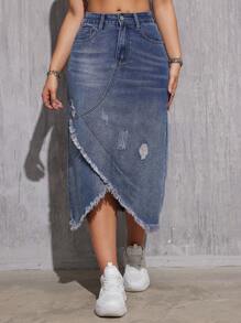 Gonna midi in denim da donna con elegante frangia e finitura lavata alla moda