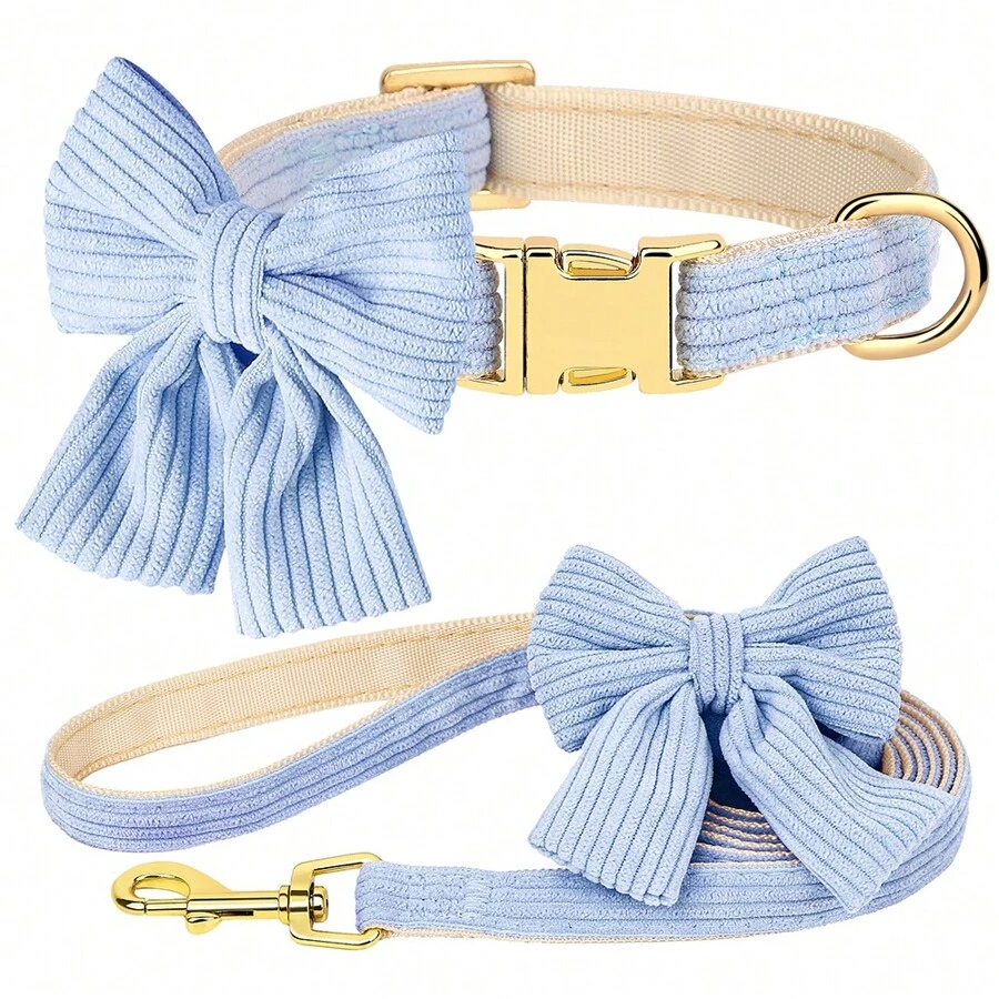 1pc Adjustable Nylon Pet Collar With Bowknot And Leash Set, Suitable For Small And Medium Sized Dogs Such As Chihuahuas And Teddy Bears - Blue - View 1