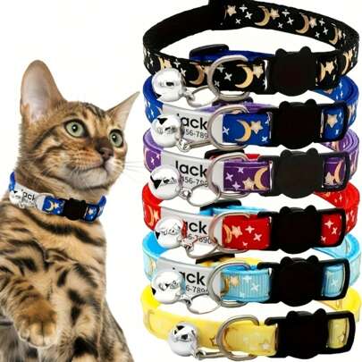 Customizable Sparkling Star & Moon Print Cat Collar - Personalized With Nameplate, Bell, And Engraved Pet Name ID Tag - Nylon Material, Adjustable, Anti-Lost, And Stylish Cat Necklace For Kittens And Cats Ornamental,Engraved,Stainless,Cat Stylish,Contracted,Fashion,Cute,Cuties,Colorful Unique,Customized Christmas Decor,Treasure Finds,Cat Tags Personalized Small,Personalized Cat Collar Ideal Gifts For Him Her,Family,Friends,Pet Lovers,Pet For Anniversaries,For Birthdays,For Christmas,For Housewarming,For Fall/Autumn/Winter,Customized Pet Collars, Leashes & Harnesses