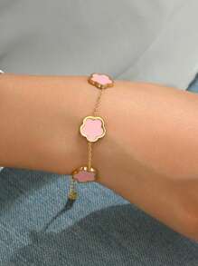 LIEBEIRIS 1pc 18K Gold Plated Stainless Steel Flower Women's Bracelet Valentines,Mom,Mother,Mother's Day,Gift - Pink - View 3