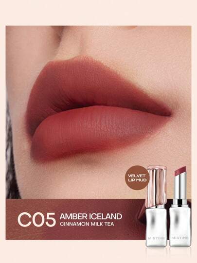 MISTINE 3.2克哑光奶油唇膏，泰式拿铁口味，柔滑滋润，高显色度，淡化唇纹，不粘腻，防晕染，轻盈舒适，C05琥珀冰岛色，1支装
