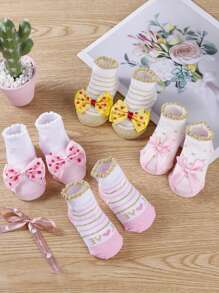4 Pairs Multi-Color Cute Stripe, Letter, Bow Design Versatile Comfortable Baby Socks