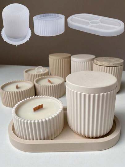 Set de 1/4 moldes de silicona para frascos de vela con bandeja ovalada, molde de inyección para olla de almacenamiento a rayas, decoración del hogar, manualidades DIY con yeso, concreto, maceta